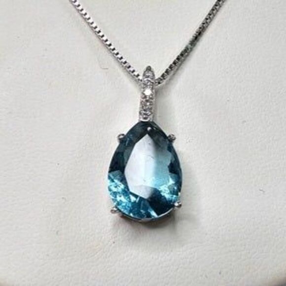 S925 Blue Glass & Pave Rhinestone Teardrop Pendant on 925 Stamped Necklace 18"L - Picture 3 of 7